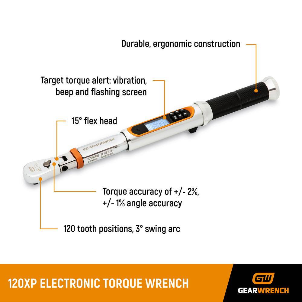 GEARWRENCH 12 in. Drive 120XP 50-250 ft.lbs. Flex-Head Electronic Torque Wrench with Angle 85196