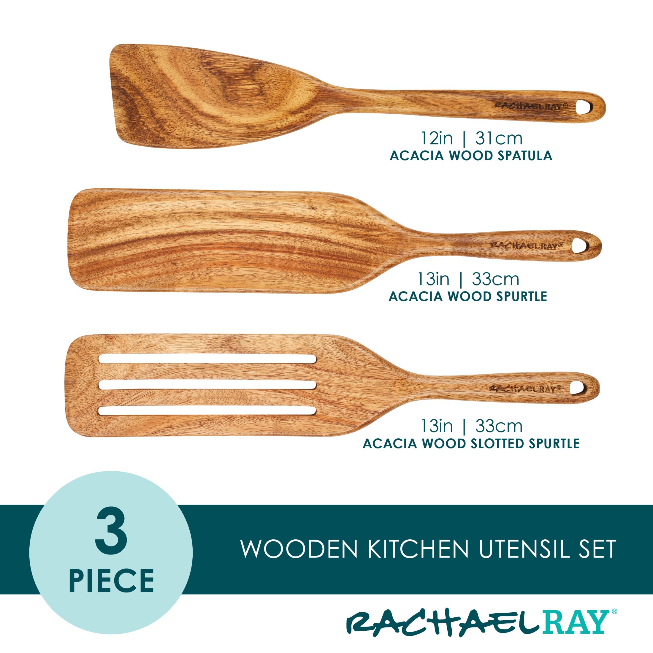 Rachael Ray Tools & Gadgets Wooden Kitchen Utensil Set, 3-Piece