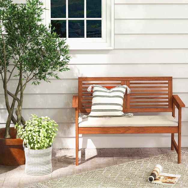 Costway Patio Bench Outdoor Solid Wood Loveseat Chair With Backrest amp Cushion Porch Garden