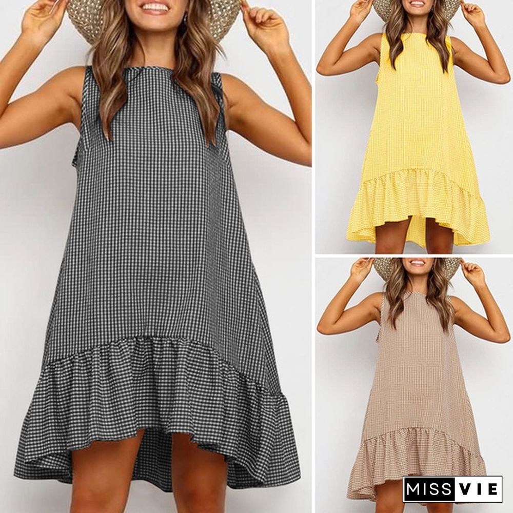 Women Fashion Mini Shirt Dress Crew Neck Ladies Holiday A-Line Grid Check Tiered Sundress