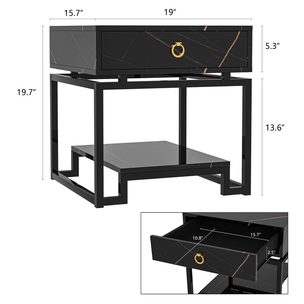 Modern MDF One Drawer Bedside Table With Marbling Set of 2