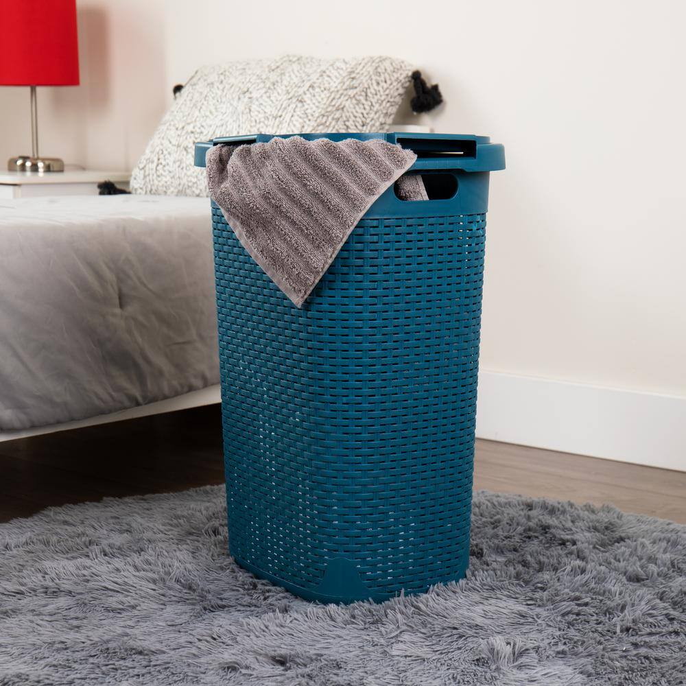 Mind Reader Basket Collection 60 Liter (15kg33lbs) Capacity Laundry Hamper Cut Out Handles Attached Hinged Lid Blue 60HAMP-BLU