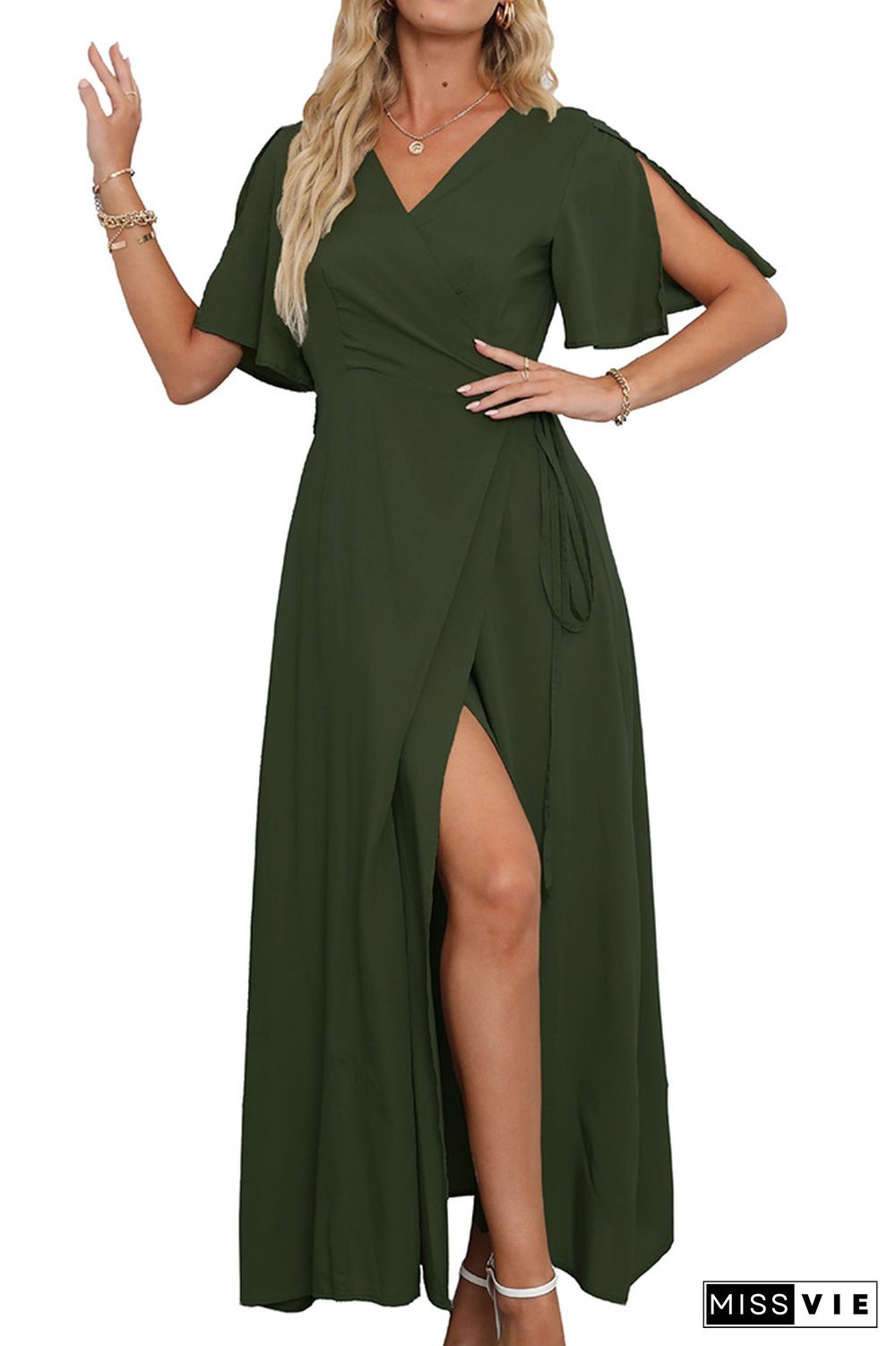 Plain Wrap V Neck Side Split With Sash Maxi Dress