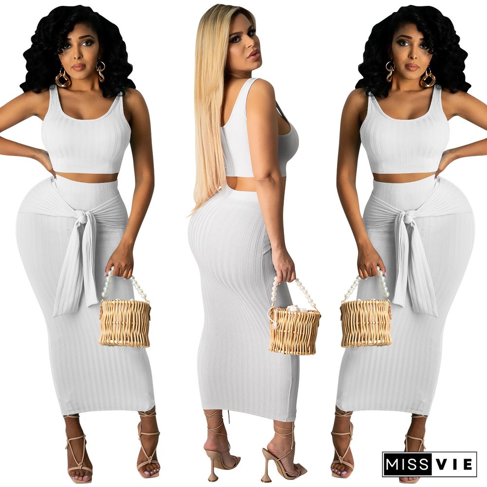 Women Summer Clothing Solid Sleeveless Vest Crop Top Bodycon Long Skirts Sexy Club Party Two Piece Set