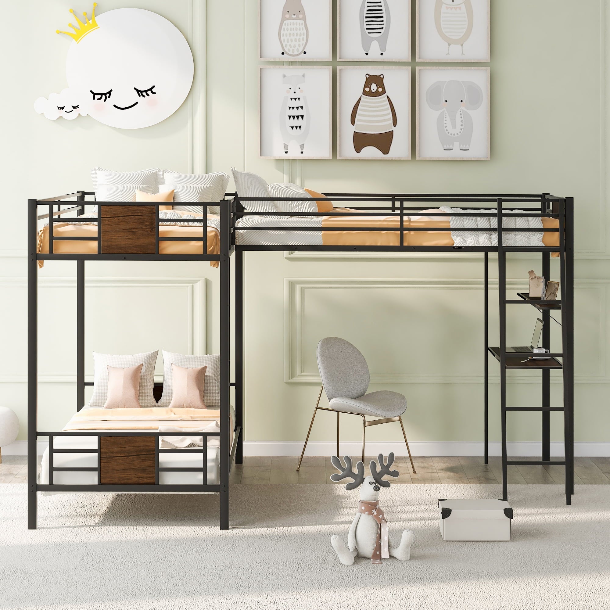 EUROCO L-Shaped Twin over Twin Bunk Bed with Desk and Shelf for Kids Bedroom, Brown