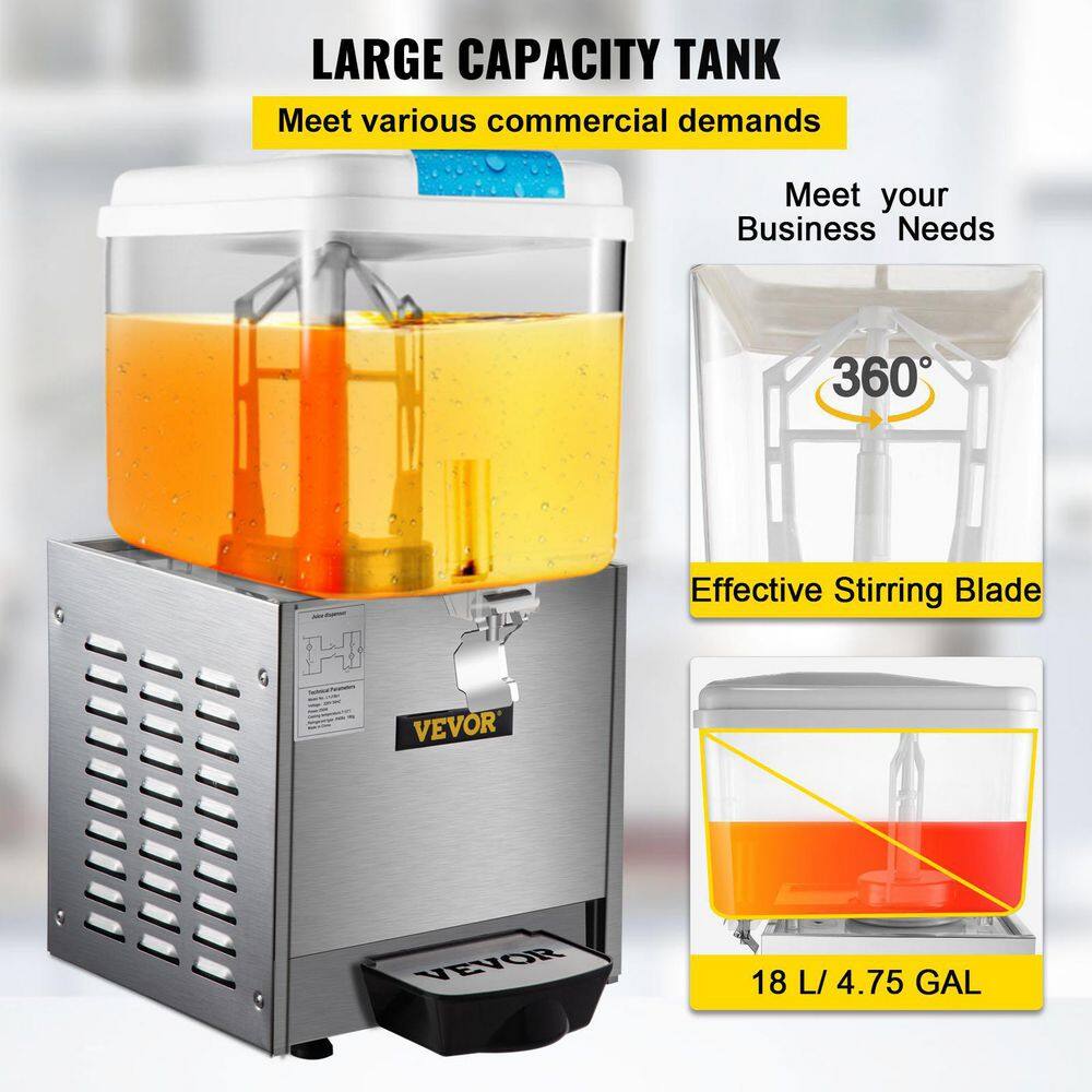 VEVOR Commercial Beverage Dispenser 4.8 Gal. 18L 1 Tanks Drink Dispenser 200W Stainless Steel Juice Dispenser 110V YLJHSLYJ18LX1DG01V1