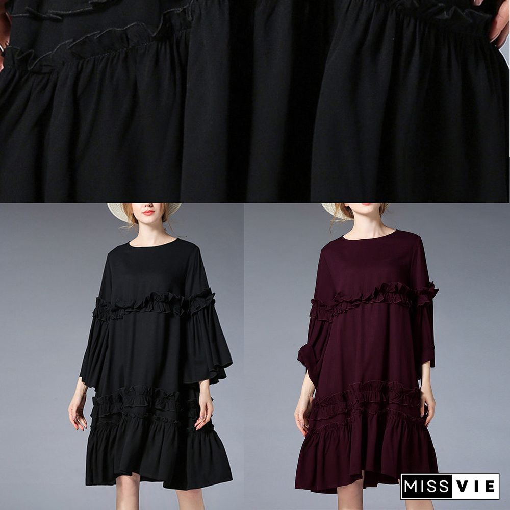 fashion black Midi-length linen dress plus size clothing linen maxi dress Elegant flare sleeve ruffles midi dress