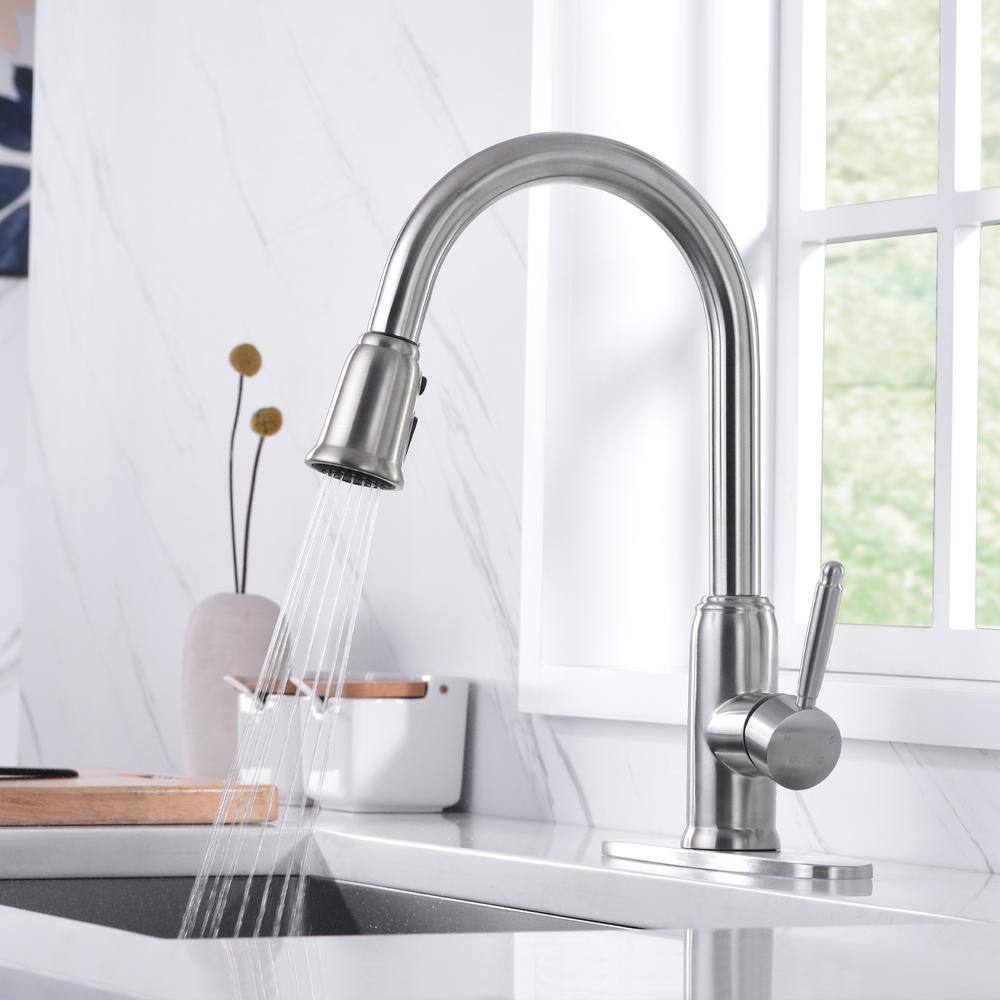 WOWOW Single-Handle Pull-Down Stainless Steel Sprayer Kitchen Faucet with PowerSpray and Temperature Control in Brushed Nickel 2310101-AMUS