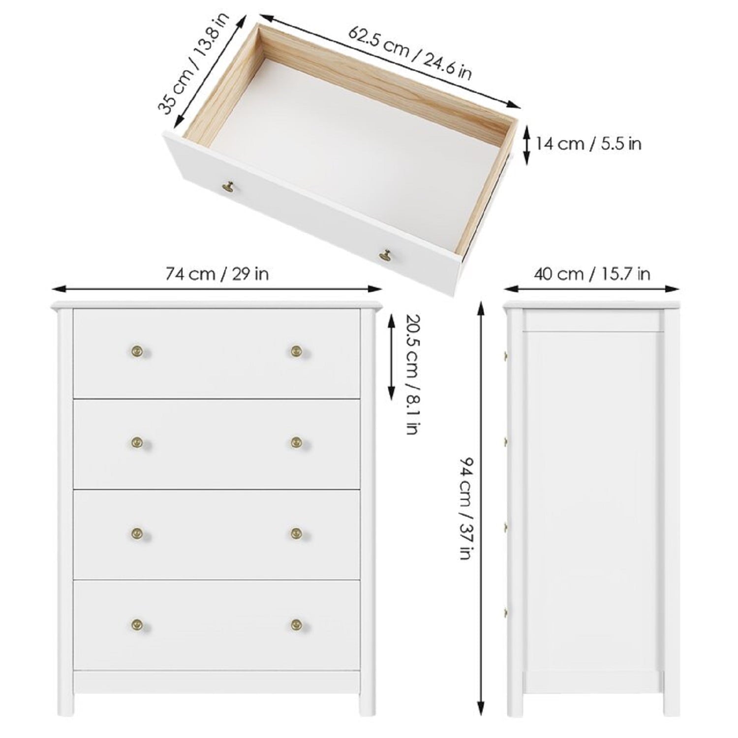 Homfa Horizontal Dresser with 4 Drawer, Wide Chest of Drawers Nightstand for Bedroom Kids Room Closet Entryway, White