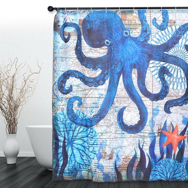 Sea Turtle Print Waterproof Shower Curtain Polyester Fabric Bath Curtain Octopus Washable Home Bath Decor Curtains With 12 Hooks