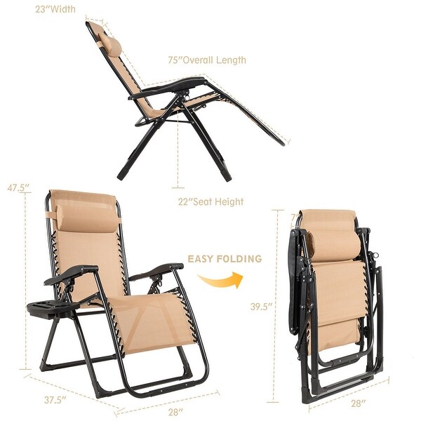 2PC Zero Gravity Chair Oversize Lounge Patio Heavy Duty Folding - (37.5-73.5”) x 27.5” x (34”-47.5”) (L x W x H)