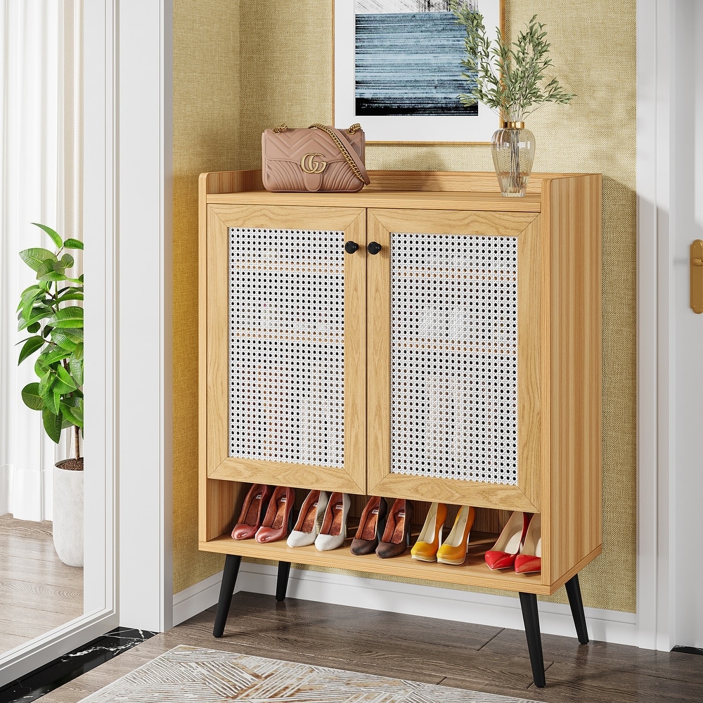 Shoe Cabinet with Doors  Rattan Shoe Storage Cabinet  6 Tier Shoes Organizer Cabinets for Entryway