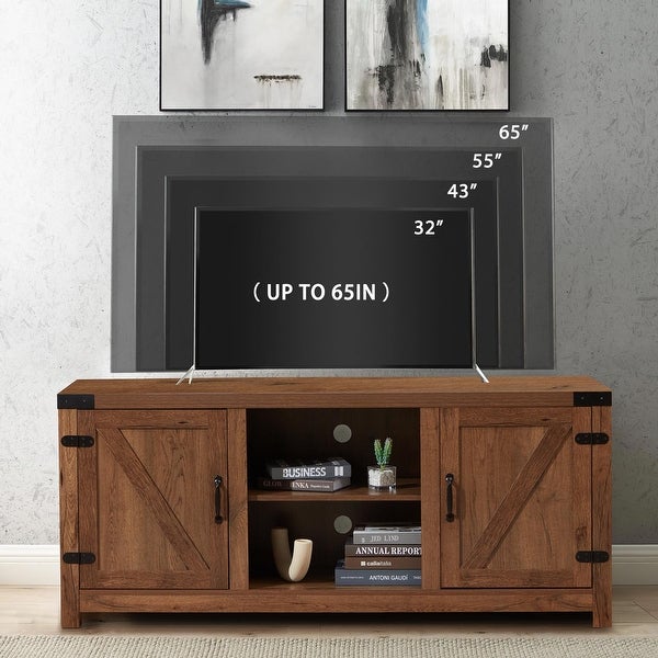 Modern Sliding Barn Door TV Stand with 3 Adjustable Shelves Brown