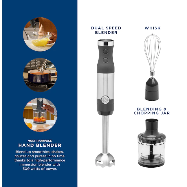 GE Immersion Blender | Handheld Blender for Shakes， Smoothies， Baby Food and More | Includes Whisk and Blending Jar | 2-Speed | Interchangeable Attachment for Easy Clean | 500 Watts | Stainless Steel