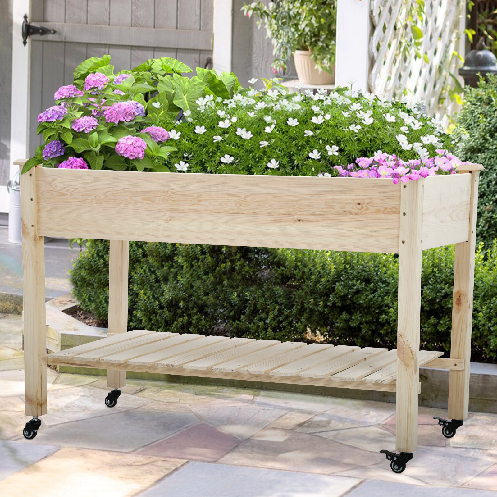 Raised Garden Bed, 48x23x32in Elevated Wooden Planter Boxes Kit with Wheels& Storage Shelf, Outdoor Raised Garden Boxes for Vegetable Plants Indoor/Outdoor Use, Natural