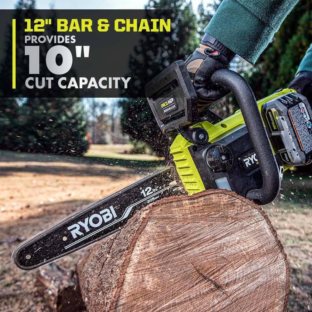 RYOBI ONE HP 18V Brushless Whisper Series 12 in Battery Chainsaw and Pole Lopper w 60 Ah Battery and Charger