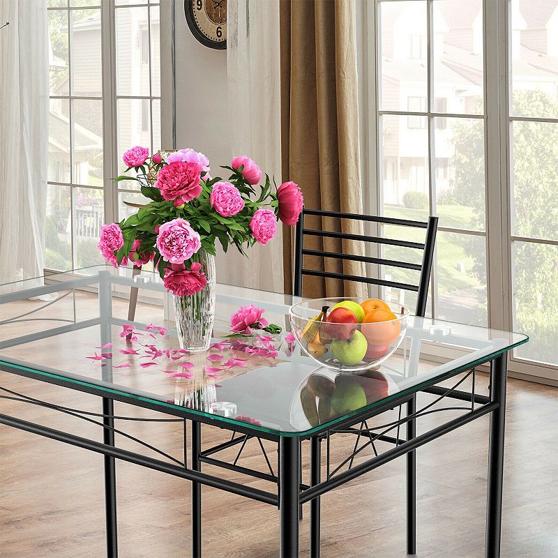 5 Pieces Dining Set with Tempered Glass Top Table and 4 Upholstered Chairs