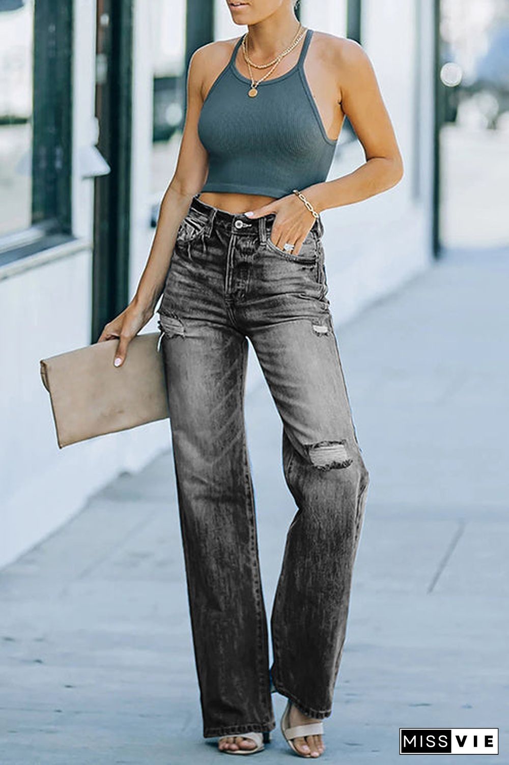 Distressed Straight Leg Jeans