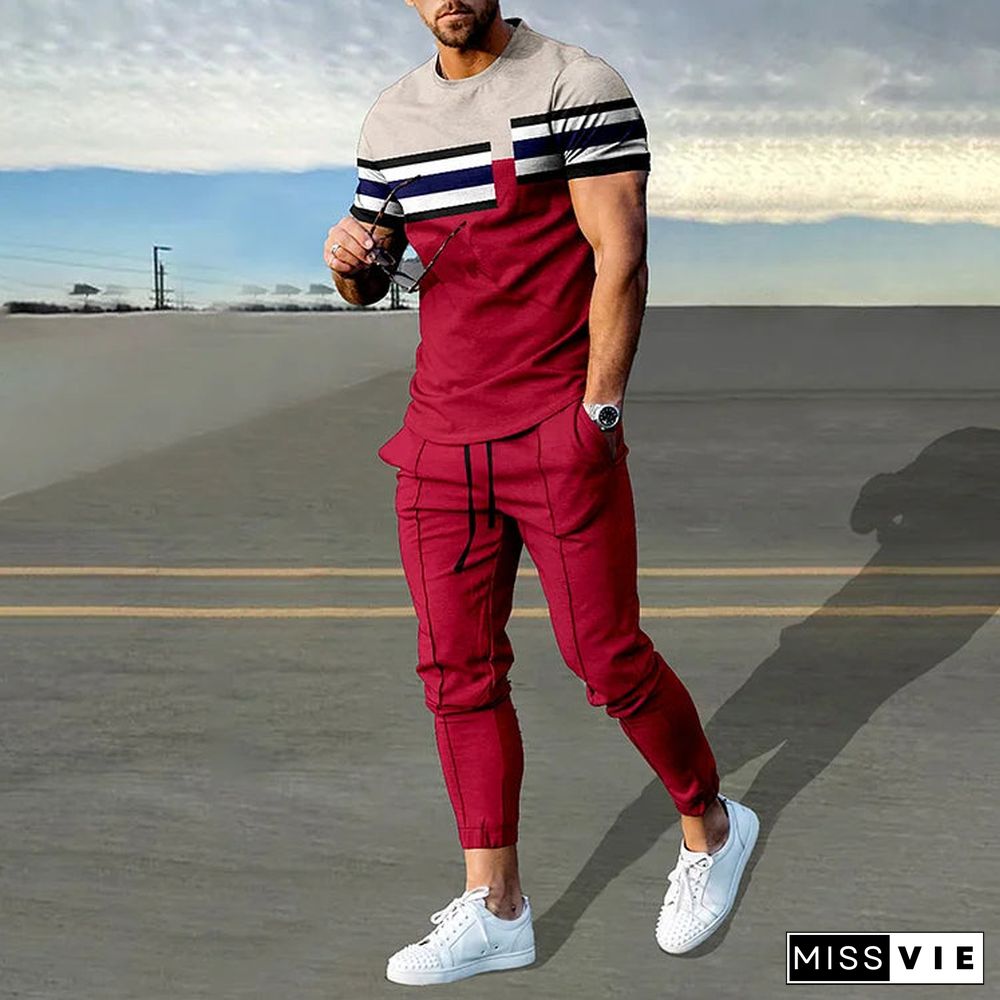 Trendy Color Contrast Stripes Print T-Shirt And Pants Co-Ord