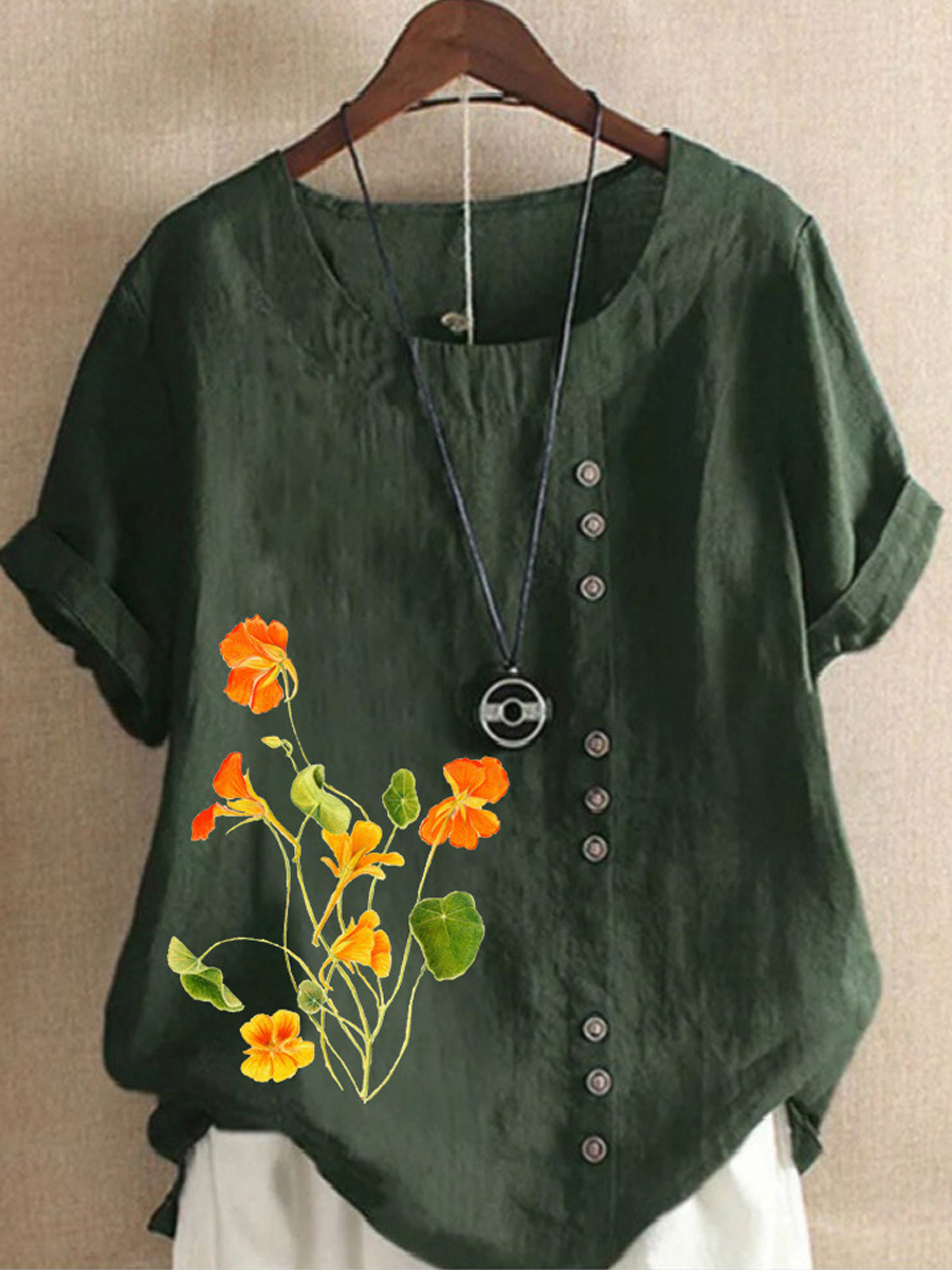 Casual Floral Print Crew Neck Short Sleeve Blouse