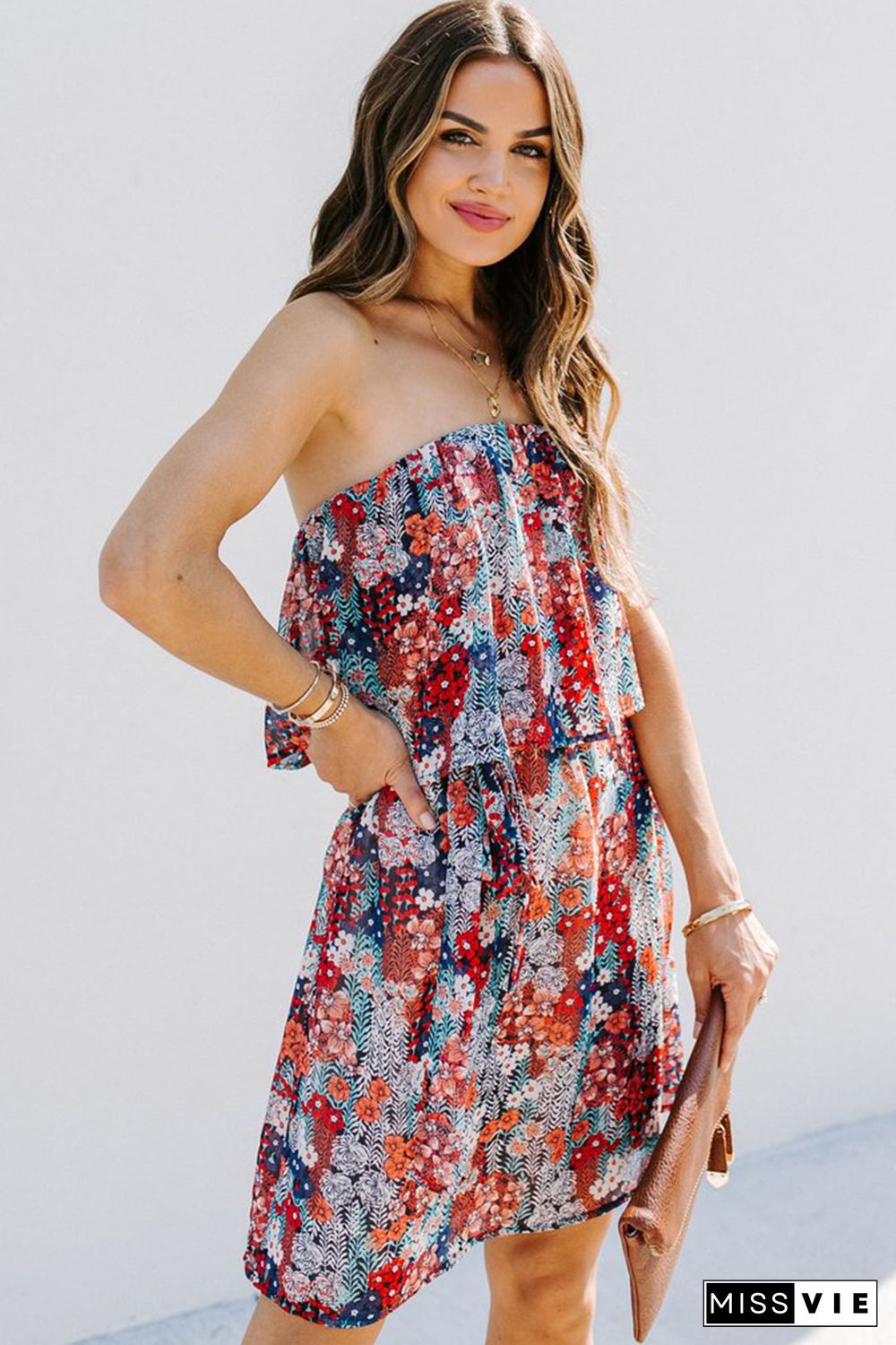 Red Floral Print Tiered Ruffled Bandeau Mini Dress