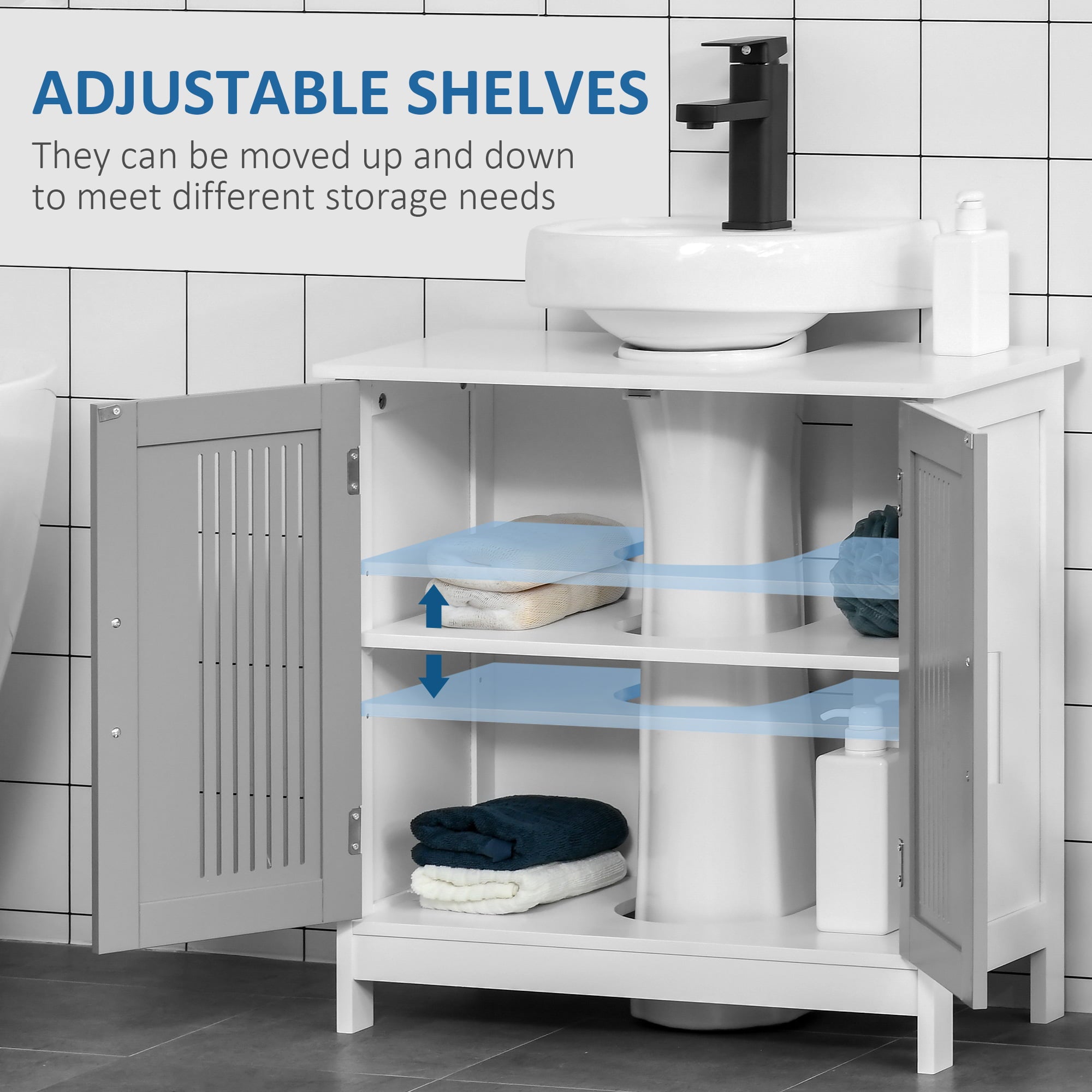 kleankin Modern Under Sink Cabinet with 2 Doors, Pedestal Under Sink Bathroom Cupboard with Adjustable Shelves, Grey and White