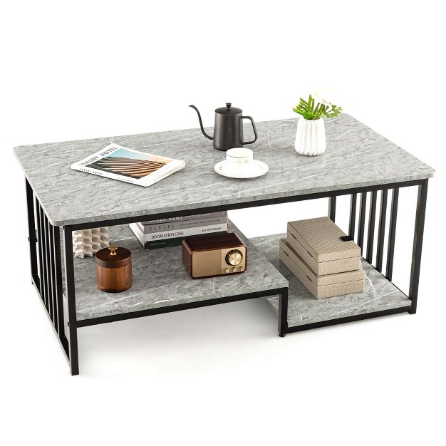 Costway Faux Marble Coffee Table Rectangular 2 tier Center Table With Open Storage Shelf