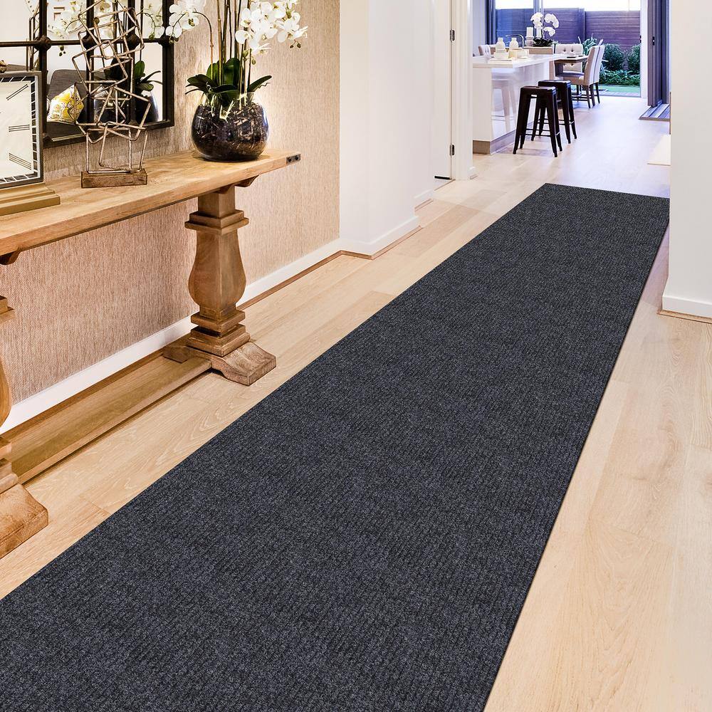 Sweet Home Stores 2 ft. W x 10 ft. L Black Ribbed Waterproof Non-Slip Rubber Back Solid Runner Rug Polypropylene Garage Flooring SH-SRT704-2X10