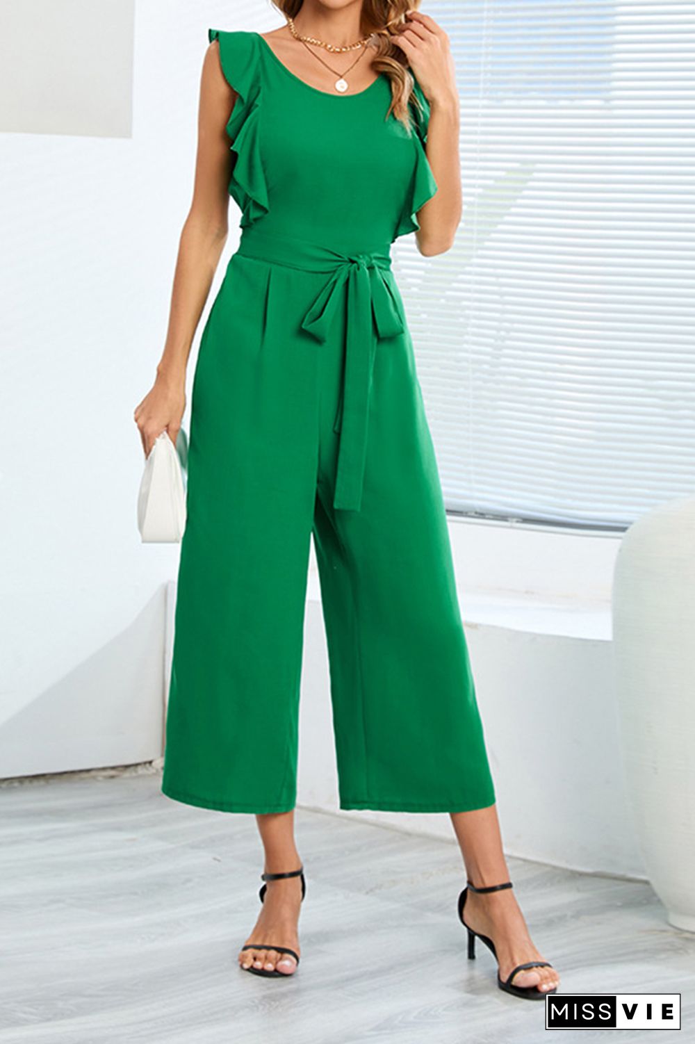 Plain Flutter Sleeveless Wide Leg Jumpsuit