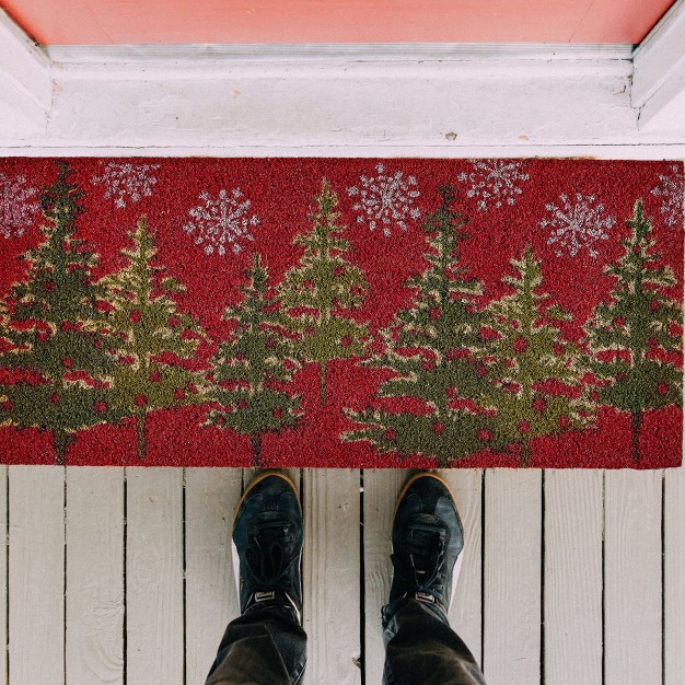 Tis The Season Green Trees And White Snowflakes Rectangle Indoor And Outdoor Estate Coir Door Welcome Mat Red