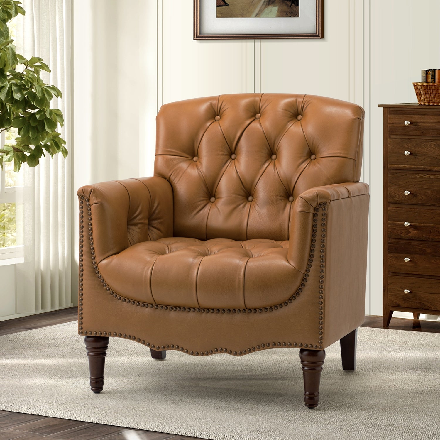 Wemer Transitional Genuine Leather Armchair with Button Tufted Back by HULALA HOME