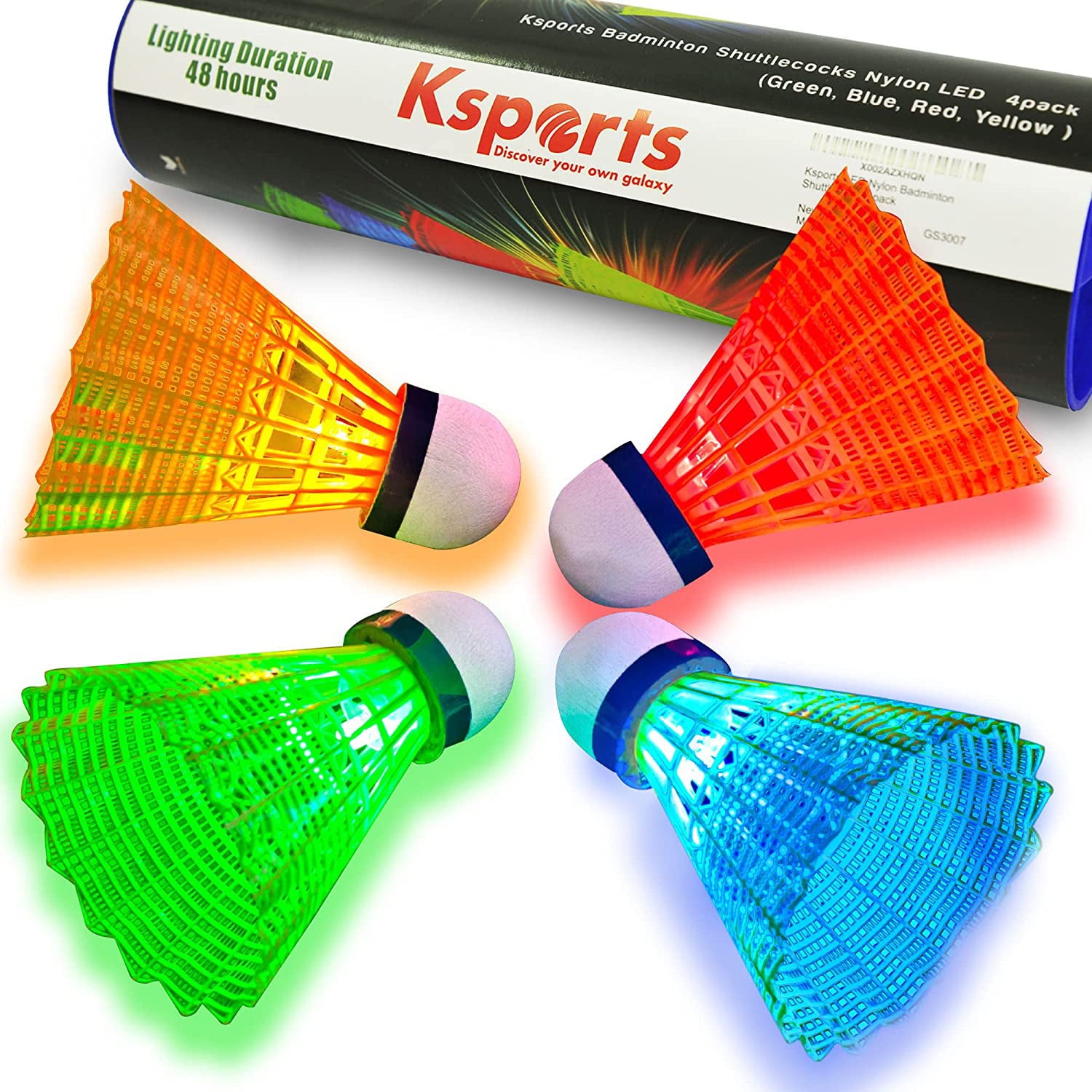 Ksports LED Badminton Shuttlecocks Nylon 4 Pack Tube − Glow in The Dark Birdies