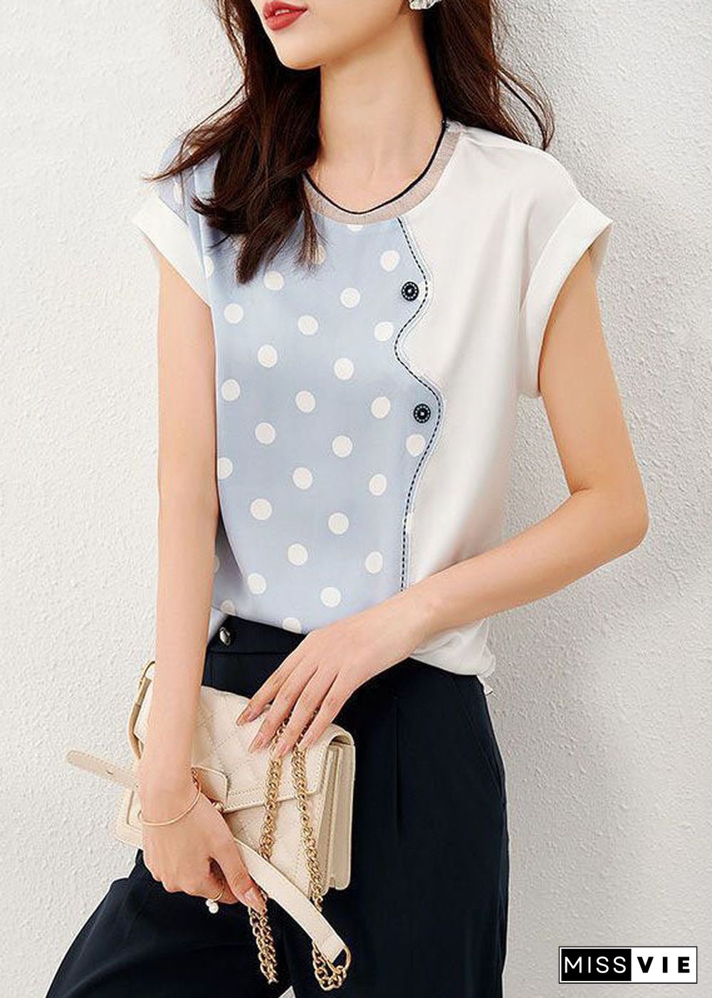 Blue Patchwork Print Dot Silk T Shirt O Neck Summer