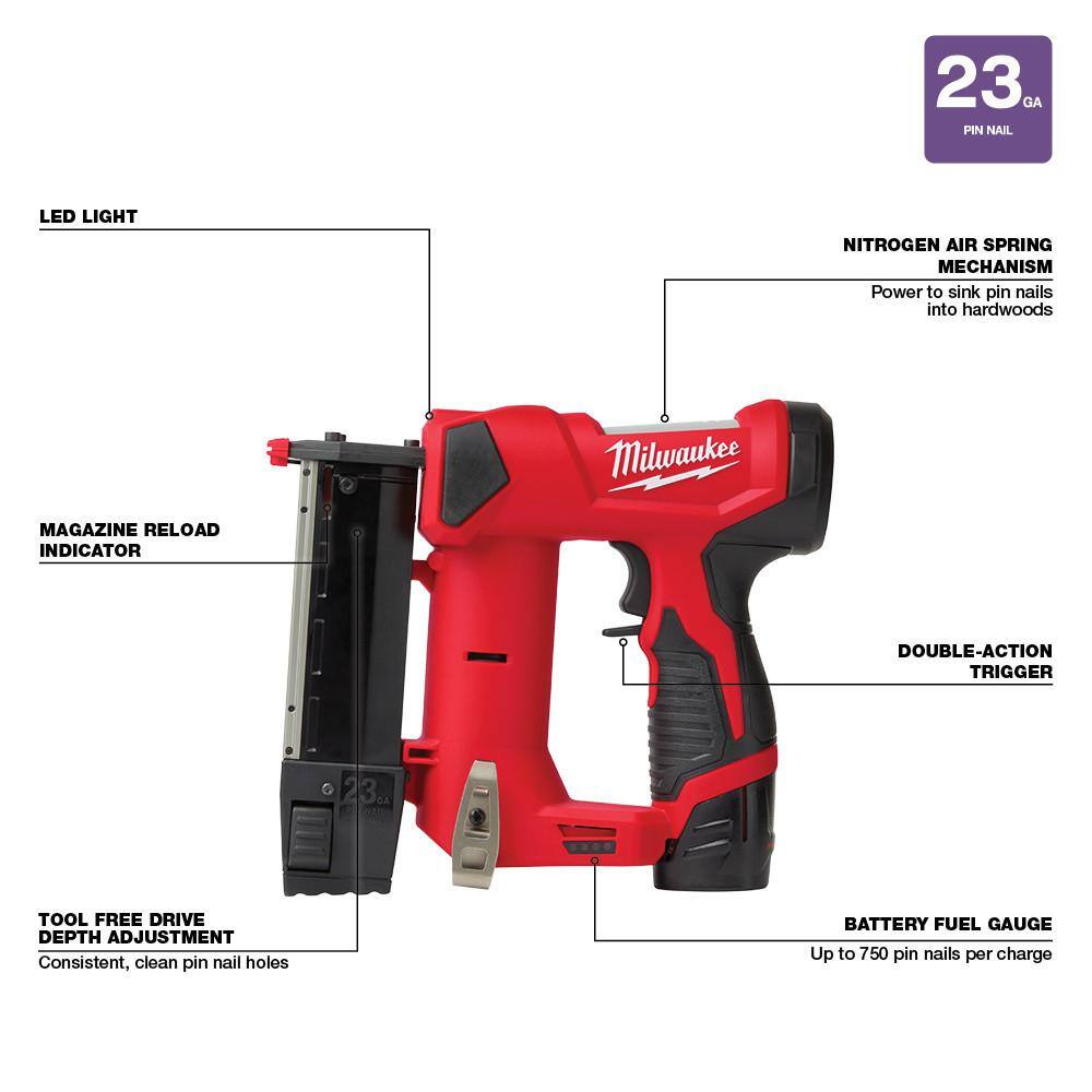 MW M12 12-Volt 23-Gauge Lithium-Ion Cordless Pin Nailer Kit with M12 12-Volt Lithium-Ion Cordless 38 in. Crown Stapler 2540-21-2447-20