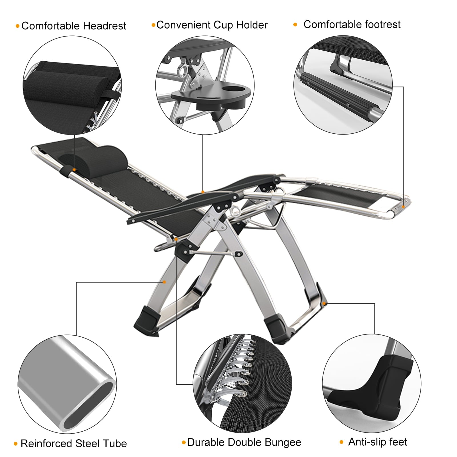 MOPHOTO Zero Gravity chair, folding portable recliner, removable cushion soft cushion, head rest and cup holder, side table for camping, lawn, garden, support 400 LBS