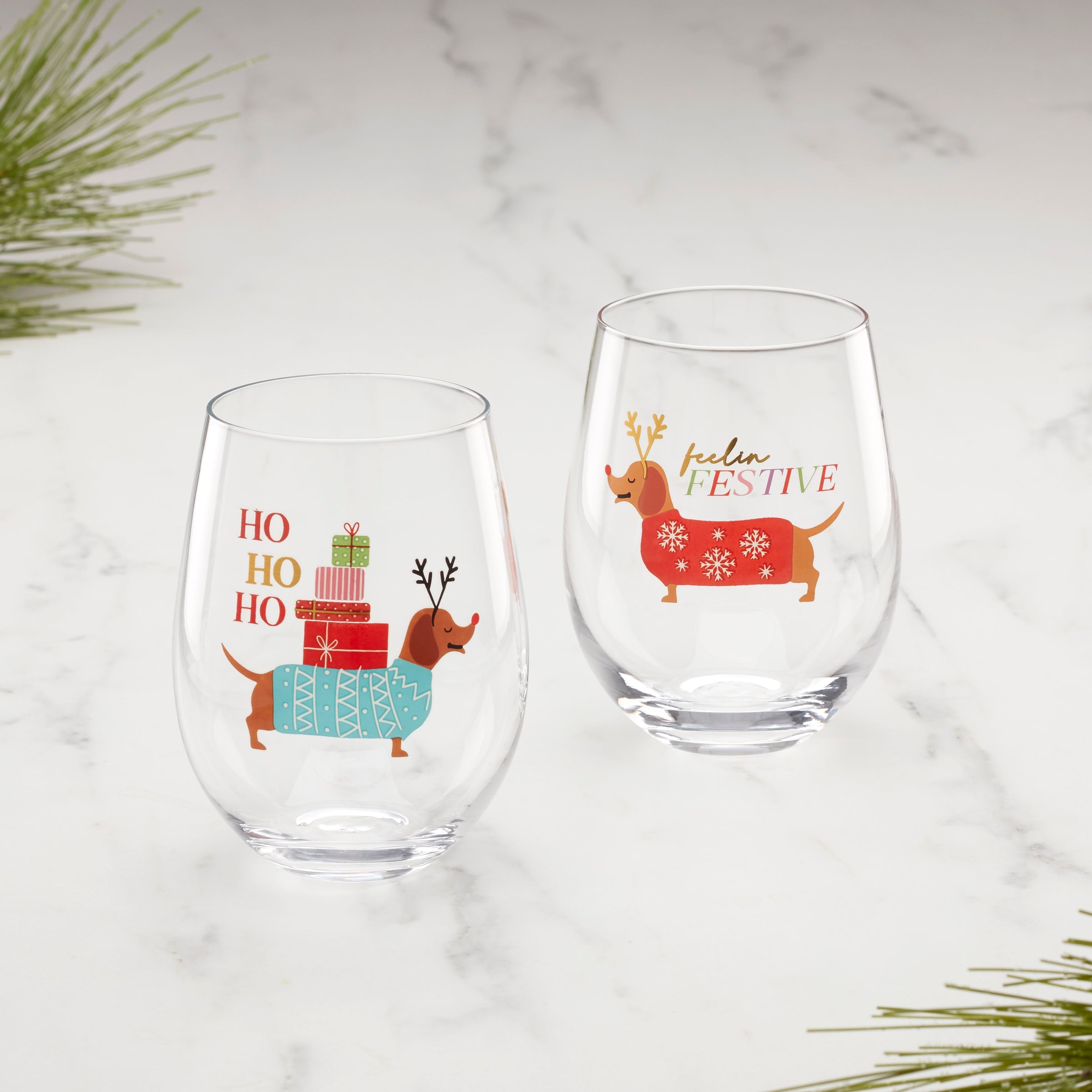 Feeling Festive Dog Stemless Wine Glasses, Set Of