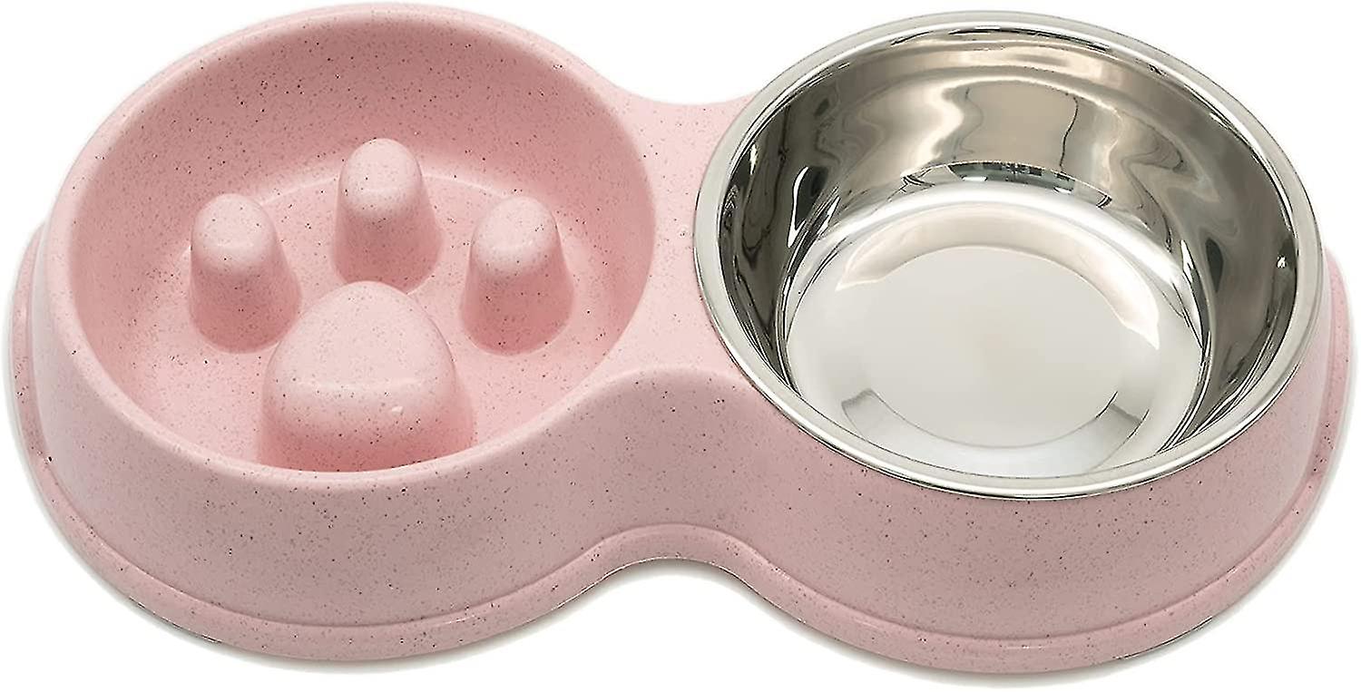 Double Feeder Slow Feeder Interactive Feeder Stainless Steel Non-slip Pink