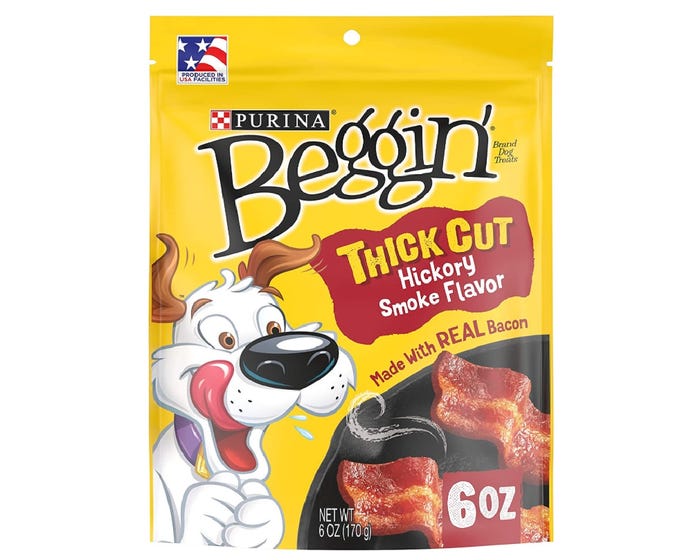 Purina Beggin Strips Thick Cut Hickory Smoke Flavor Dog Treats， 6 oz. Pouch