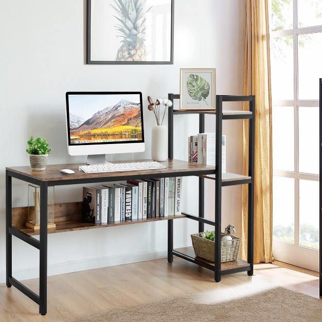 Tangkula Multifunctional Computer Desk With Storage Shelves Stable Writing Table For Home Office Black natural rustic Brown walnut