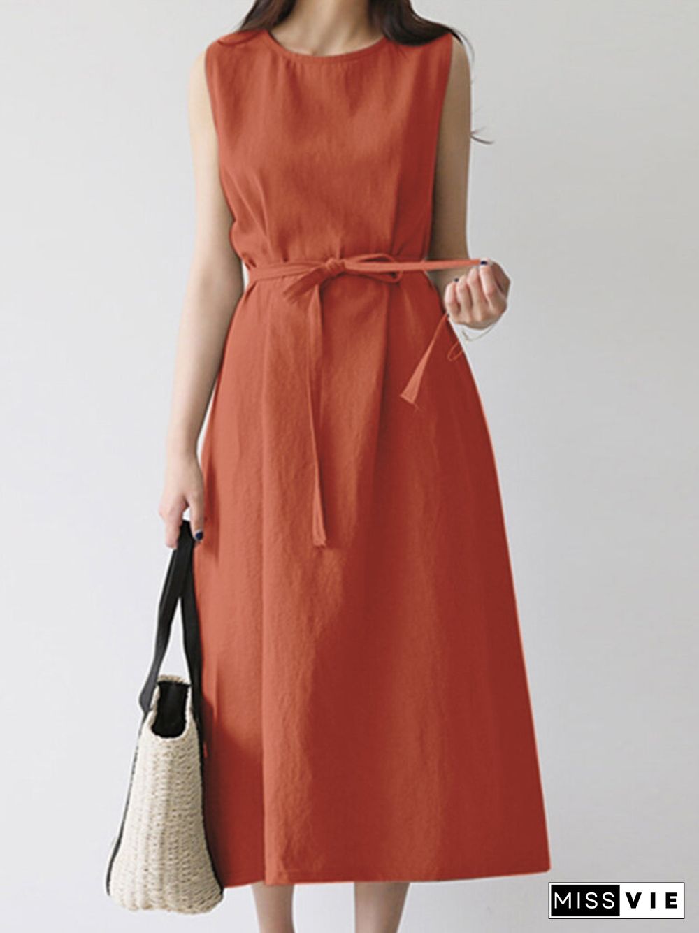 Solid A-line Sleeveless Crew Neck Midi Dress With Belt