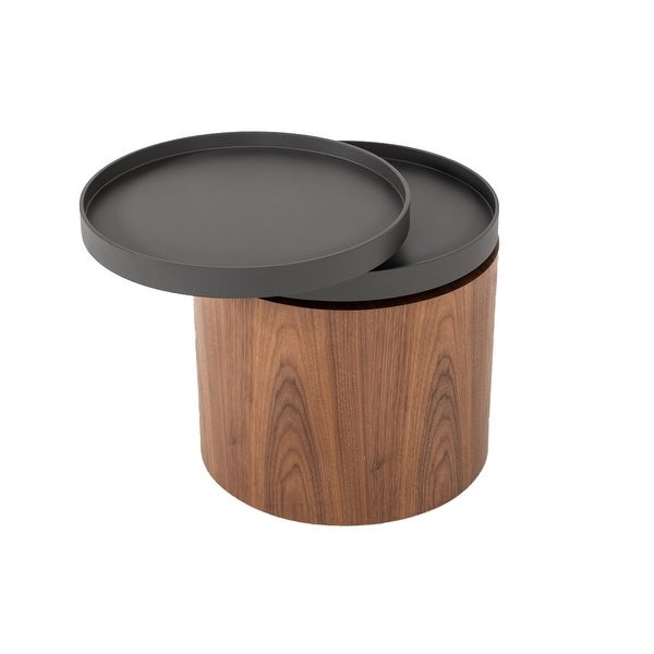 Cylindrical Wooden End Table with Swivel Tray Top， Brown and Black