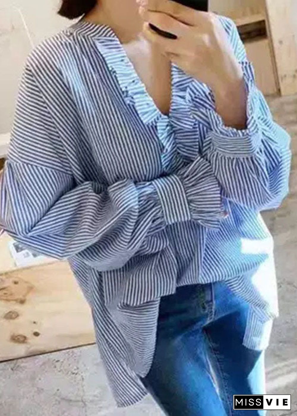 Simple Blue Ruffled Striped Oversized Cotton Shirt Spring