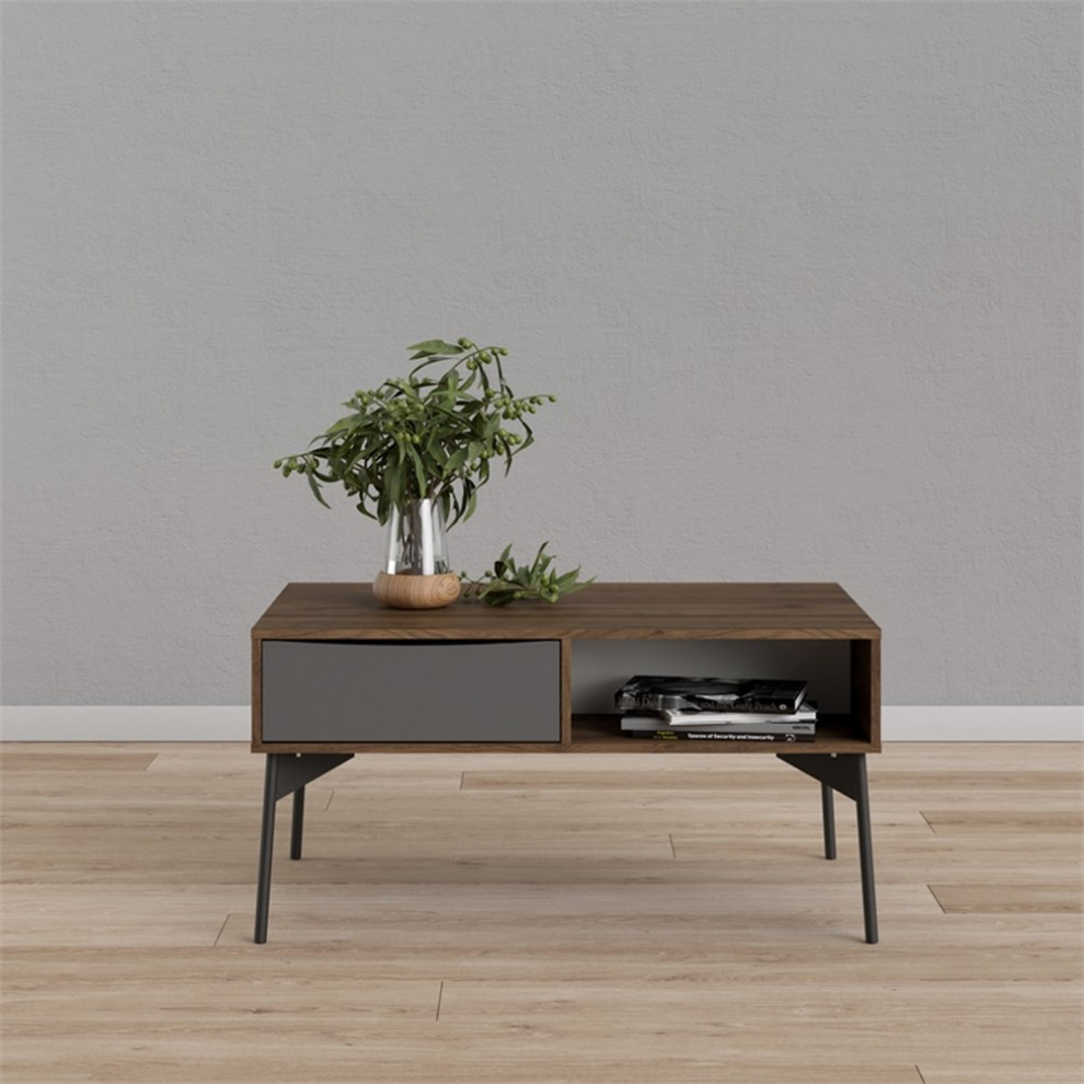 Pemberly Row Coffee Table with 1 Drawer in Walnut/White Matte/Grey   Midcentury   Coffee Tables   by Homesquare  Houzz