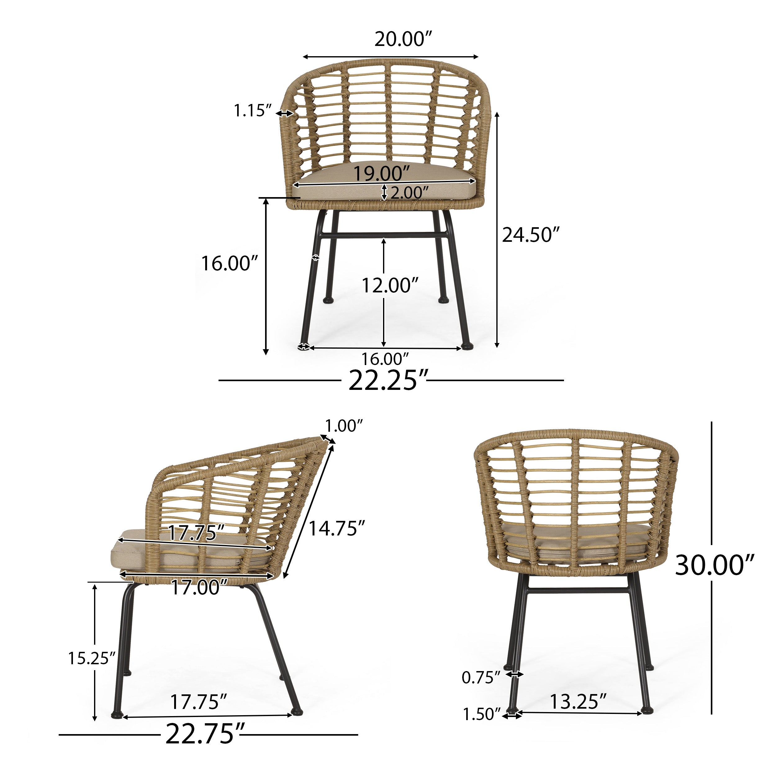 Monture Outdoor Wicker Chair with Water Resistant Cushion, Set of 2, Light Brown and Beige