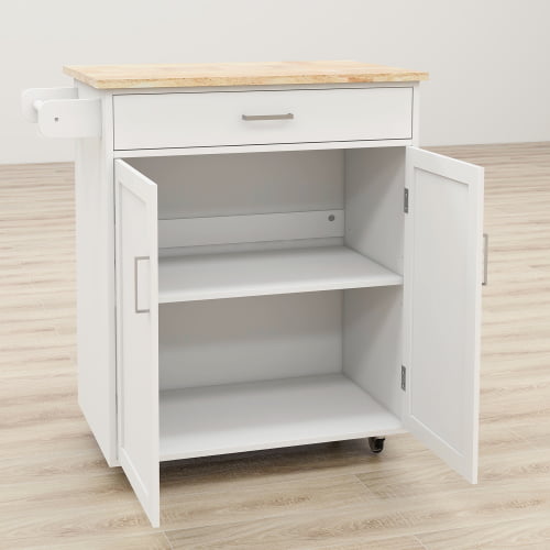 Kitchen Island on Wheels White Rolling Trolley Cart with Rubber Solid Wood Countertop One Drawer and 2 Doors Towel Rack Kitchen Island Cart， 32.68