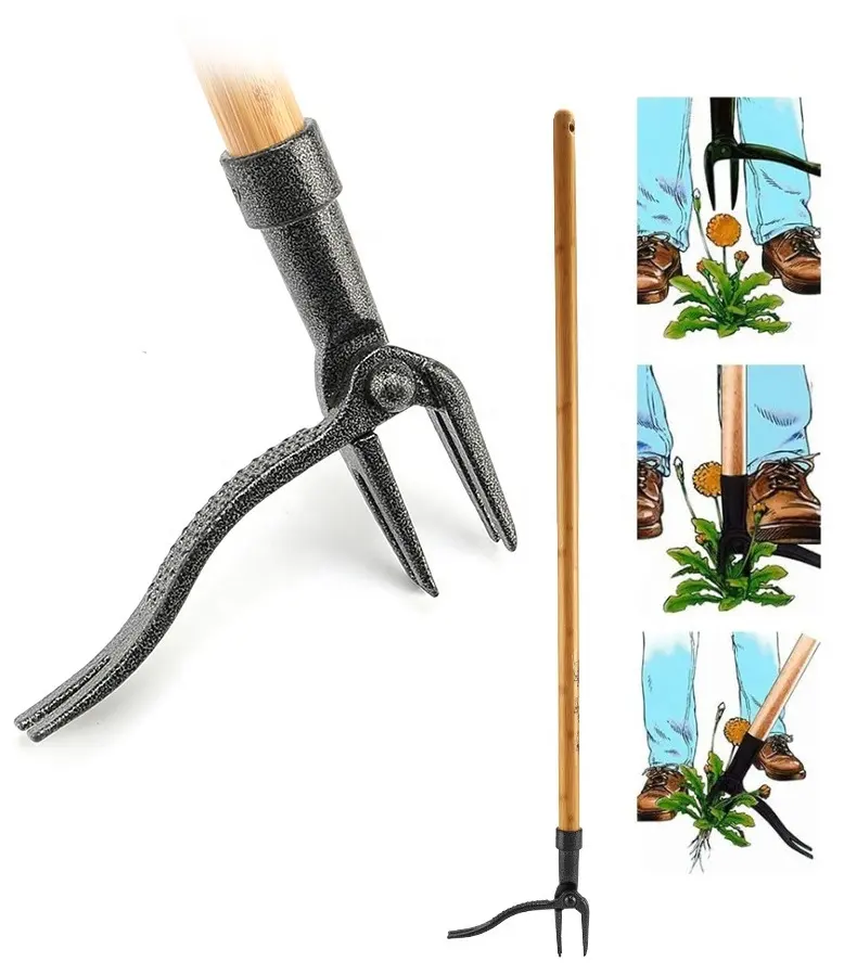 Stand Up Weed Puller with Long Plywood Handle Steel Blade Easily Remove Use it without Bending or Kneeling Softer Ground Weeding