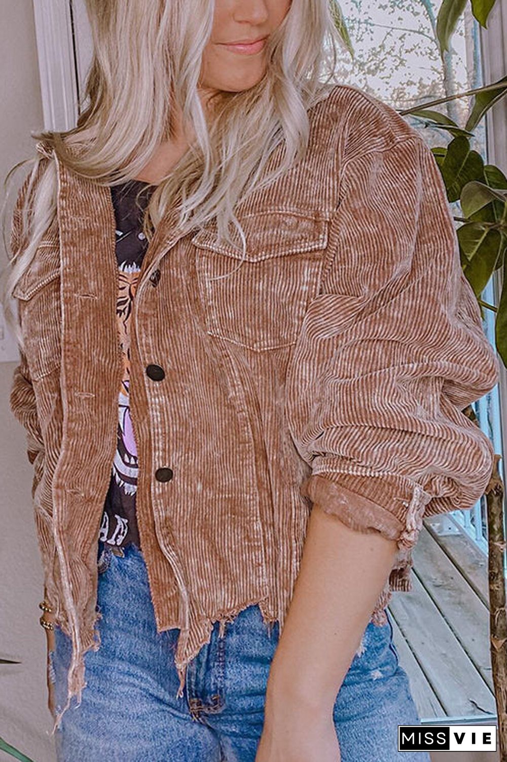 Frayed Hem Cropped Corduroy Jacket