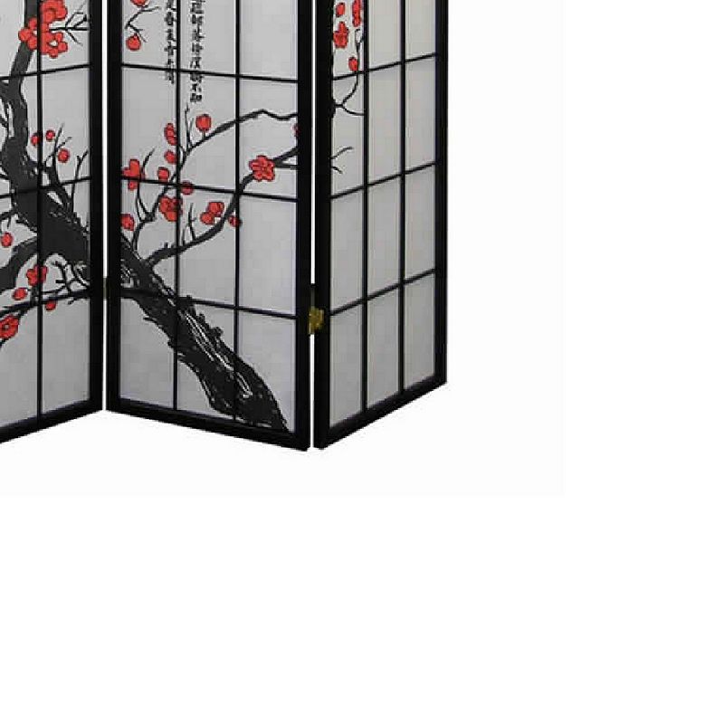 Plum Blossom Print Wood and Paper 4 Panel Room Divider， Red and Black