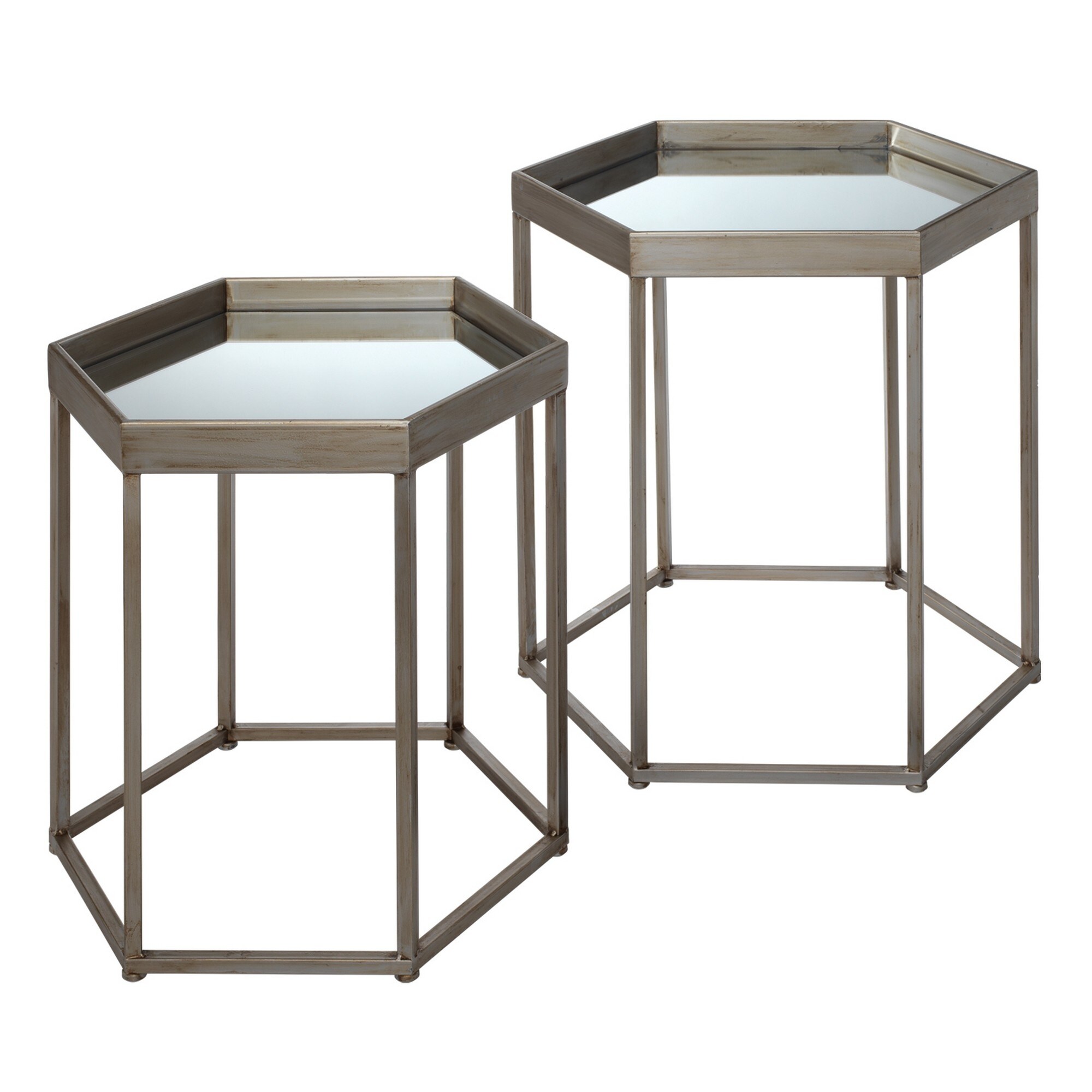 Side Table with Mirror Top and Metal Frame， Set of 2， Gray