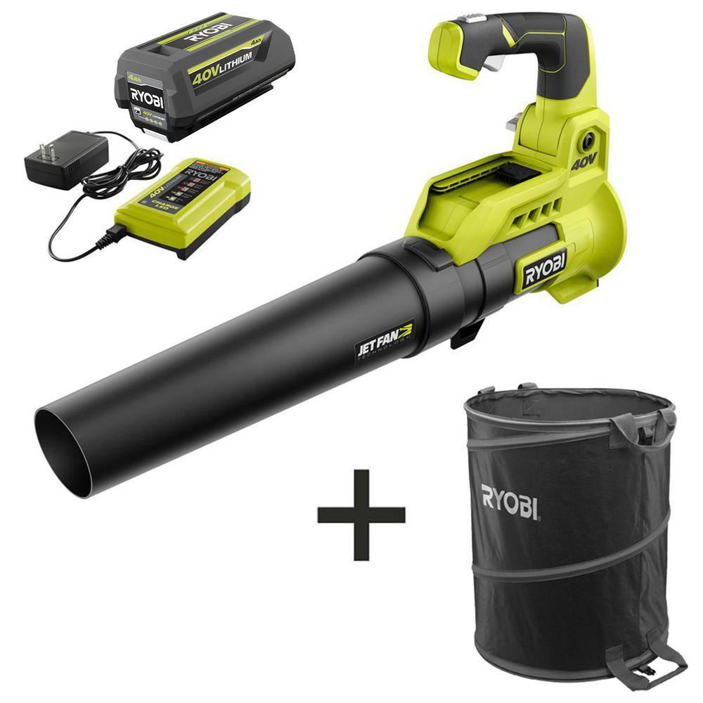 RYOBI 40V 110 MPH 525 CFM Jet Fan Leaf Blower with Lawn and Leaf Bag 4.0 Ah Battery and Charger RY40480-LB